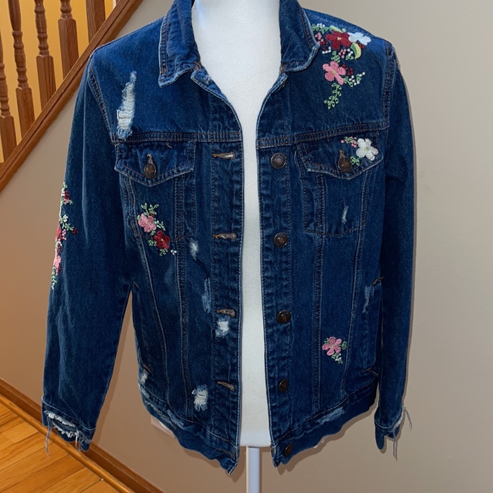 Wax Jeans Denim  Distressed Jean Jacket Embroidery Floral